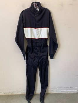 Unisex, Auto Racing Jumpsuit, GUARD LINE, Black, White, Red, Cotton, Nomex, Solid, M, Twill, White Panel Across Chest, Red Piping Trim, Long Sleeves, Zip Front, Stand Collar with Velcro Closure, Elastic Waist in Back, Rib Knit Cuffs & Leg Openings, "SFI" Patch on Left Sleeve