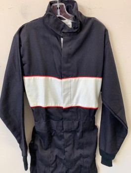 Unisex, Auto Racing Jumpsuit, GUARD LINE, Black, White, Red, Cotton, Nomex, Solid, M, Twill, White Panel Across Chest, Red Piping Trim, Long Sleeves, Zip Front, Stand Collar with Velcro Closure, Elastic Waist in Back, Rib Knit Cuffs & Leg Openings, "SFI" Patch on Left Sleeve