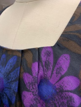 DUCHESS ORIGINAL, Indigo Blue, Black, Purple, Brown, Cotton, Floral, Short Tulip Shaped Sleeves, Square Neck, Pleated Around Neckline, Knee Length, A-Line Skirt with Many Vertical Panels, Side Zipper,