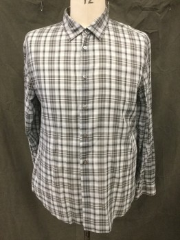JOHN VARVATOS, Lt Blue, Gray, Cotton, Plaid, Button Front, Collar Attached, Long Sleeves, Button Cuff