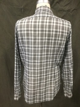 JOHN VARVATOS, Lt Blue, Gray, Cotton, Plaid, Button Front, Collar Attached, Long Sleeves, Button Cuff