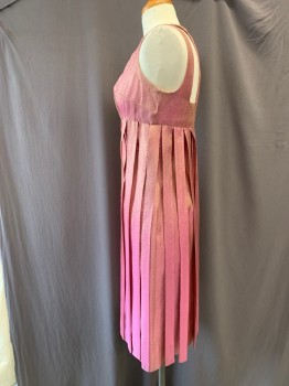 Womens, Cocktail Dress, MTO, Magenta Pink, Gold, Rayon, Lurex, Solid, W24, B32, H36, Soft V-neck, Sleeveless, Back Zipper, Double Straps with Openings at Shoulder blades, Empire Waist with Car Wash Fringe to Hem,