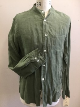 NN07, Olive Green, Linen, Solid, Button Front, 1 Pocket, Band Collar,