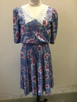 MCS LTD, French Blue, Mauve Pink, Sea Foam Green, White, Lavender Purple, Polyester, Floral, Paisley/Swirls, Short Sleeves, White Lace Collar with Zig Zagged Edge, V-neck, Padded Shoulders, Elastic Waist, Pleated Skirt/Bottom Half, Knee Length,