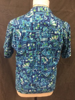 PARADISE, Navy Blue, Aqua Blue, Green, White, Cotton, Geometric, Abstract , Silver Button Front, Collar Attached, Button Loop at Collar, Short Sleeves, 1 Pocket