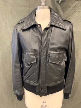 Mens, Leather Jacket, N/L, Black, Leather, Solid, M, Zip Front, Wide Collar Attached, 2 Flap Patch Pockets, Epaulets, Ribbed Knit Waistband/Cuff