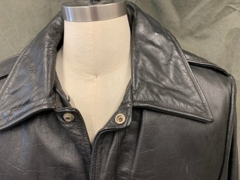 Mens, Leather Jacket, N/L, Black, Leather, Solid, M, Zip Front, Wide Collar Attached, 2 Flap Patch Pockets, Epaulets, Ribbed Knit Waistband/Cuff