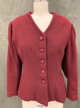 MTO, Dk Red, Wool, Solid, Fabric Covered Button Front, No Collar, Long Sleeves, Gathered at Shoulder Inset,