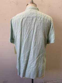 PERRY ELLIS, Lt Green, Linen, Heathered, Button Front, Collar Attached, Short Sleeves,