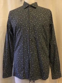 BLOOMINGDALES, Dk Gray, Gray, Blue, Cotton, Floral, Button Front, Collar Attached, Long Sleeves