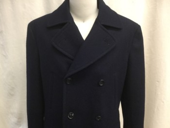 Mens, Coat, Overcoat, N/L, Midnight Blue, Wool, Solid, M, 40, Oversized Collar, Notched Lapel, Single-Breasted, 3 Button Closure, 2 Chest Welt Pocket, 2 Flap Besom Pockets, Belted Cuffs, Back Vent, Below the Knee Length