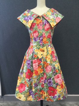 CHANTAL ROSNER, Green, Red, Yellow, Orange, Purple, Polyamide, Floral, Sleeveless, Fabric Buttons At Front, Oversized Collar, Pleated Skirt, A-Line, Hem Below Knee