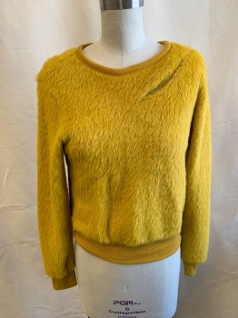Womens, Pullover, JOA, Dijon Yellow, Synthetic, Solid, M, L/S, Scoop Neck, Faux Fur, Slash Across Chest