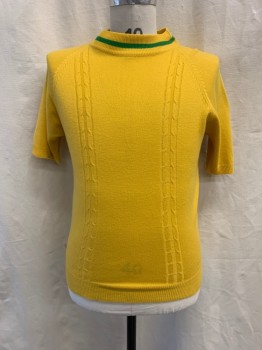 Mens, Shirt, BUD BERNA, Sunflower Yellow, Acrylic, Solid, M, Pullover, Mock Neck, Green Stripe on Neck, Cable Knit Pattern, Short Sleeves