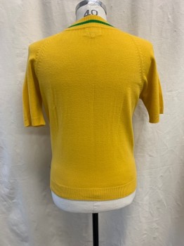 BUD BERNA, Sunflower Yellow, Acrylic, Solid, Pullover, Mock Neck, Green Stripe on Neck, Cable Knit Pattern, Short Sleeves