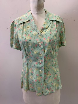 Womens, Blouse, MTO, Lt Green, Multi-color, Nylon, Floral, B36, 1930s, C.A., Button Front, S/S, 1 Pocket, Light Green BG with Pink and Yellow Floral Print, MULTIPLES