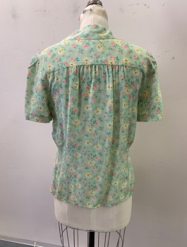 Womens, Blouse, MTO, Lt Green, Multi-color, Nylon, Floral, B36, 1930s, C.A., Button Front, S/S, 1 Pocket, Light Green BG with Pink and Yellow Floral Print, MULTIPLES