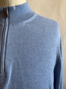 Mens, Pullover Sweater, BROOKS BROTHERS, Lt Blue, Cotton, Solid, 2XL, Half Zip Front, Mock Neck,