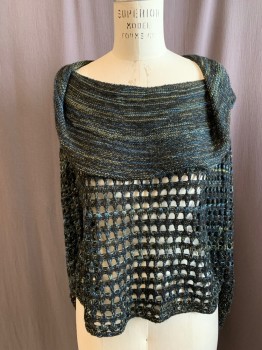Womens, Pullover, NEW DIRECTIONS, Black, Yellow, Blue, Acrylic, Mottled, Grid , M, Grid Open Weave, Oversized Rolled Back Collar, Long Sleeves