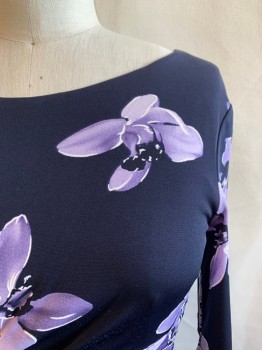 Womens, Dress, Short Sleeve, CONNECTED, Navy Blue, Lavender Purple, Polyester, Spandex, Floral, 10, Bateau/Boat Neck, 3/4 Sleeve, Gathered Right Waist,