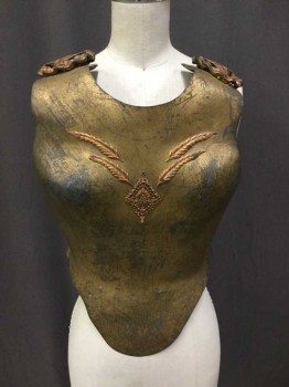 Womens, Historical Fict Breastplate , M.T.O., Gold, Plastic, XS, Molded Plastic, Gold Scraped To Appear As Metal, Large Medallions On Shoulders, Diamond Center Front Medallion, Leather Side Straps To Back Velcro, Elastic Twill Tape Straps