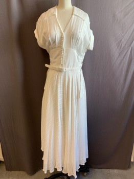 Womens, Dress, MTO, White, Linen, Solid, W25, B32, REPRO, Collar Attached, Half Placket Button Front, 16 Covered Buttons, Cuffed Short Sleeves, Side Zipper, Flaps at Hips, Long, with White Belt *Red Stain on Left Side of Collar*