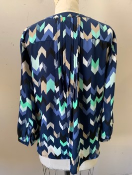 Womens, Blouse, JM COLLECTION, Navy Blue, Mint Green, Beige, White, Polyester, Chevron, S, Chiffon, 3/4 Sleeves, 4 Button Placket at Front, Round Neck, 1 Pocket, Cascade of Vertical Pleats at Center Back