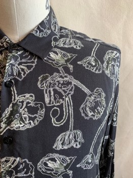 Mens, Casual Shirt, TOPMAN, Faded Black, White, Dk Olive Grn, Viscose, Floral, L, Collar Attached, Button Front, Long Sleeves