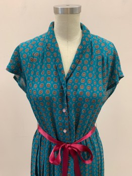 NL, Teal Blue, Maroon Red, Green, Goldenrod Yellow, White, Polyester, Geometric, With Maroon Ribbon Belt, Round Collar, V-N, 1/2 B.F., Cap Sleeves, Gathered At Waist, Pleated Skirt, Hem Below Knee