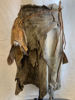 Mens, Historical Fiction Skirt, NL, Brown, Tan Brown, Gray, Leather, Fur, Splotches, 32, Overlapping Leather Pieces, Velcro Closure, Fur Pelt Tied To Waist, Aged/ Distressed