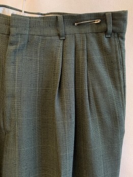 Mens, Pants, 9 TO 8, Olive Green, Black, Wool, Plaid, 34/30, Pleated Front, Zip Fly, 3 Pckts, Belt Loops