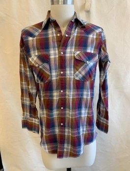 WESTERN FRONTIER, Maroon Red, Navy Blue, Gold, White, Polyester, Cotton, Plaid, Stripes, L/S,Western Shirt, Yoke Front & Back,2 Pockets, Pearl Snap Buttons & Collar