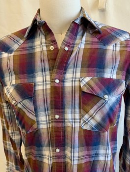 Mens, Shirt, WESTERN FRONTIER, Maroon Red, Navy Blue, Gold, White, Polyester, Cotton, Plaid, Stripes, S, L/S,Western Shirt, Yoke Front & Back,2 Pockets, Pearl Snap Buttons & Collar