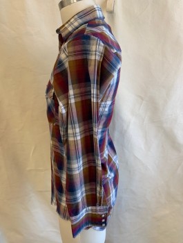 Mens, Shirt, WESTERN FRONTIER, Maroon Red, Navy Blue, Gold, White, Polyester, Cotton, Plaid, Stripes, S, L/S,Western Shirt, Yoke Front & Back,2 Pockets, Pearl Snap Buttons & Collar