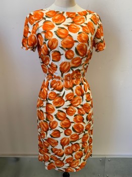 Womens, 1960s Vintage, Suit, Dress, NO LABEL, Orange, Cream, Olive Green, Silk, Floral, W24, B34, H36, S/S, Wide Neck, Back Zipper,