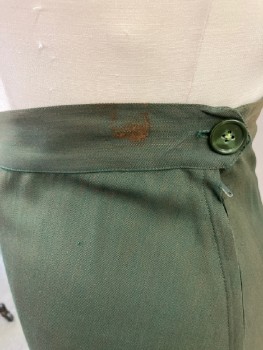 Womens, Skirt, N/L , Green, Rayon, Faded, W30, Six Gore, Waist Band  With Button Tab, Side Zipper, Side Pkt With Epaulet  * Sun Faded & Spots *Stained Rust At Band *