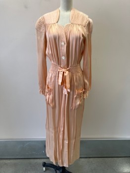 Womens, Robe, N/L, Lt Peach, Silk, Solid, W:26, B34/6, L/S, Quilting Shoulders, And CF  Placket, Button Down With Smocking  At Waist  & Slvs,  Ribbon Tie, 2 Front Smocking  Pkts,