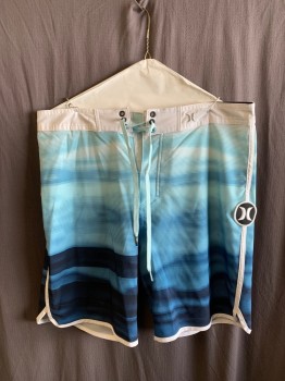 Mens, Swim Trunks, HURLEY, Dk Blue, Lt Blue, White, Polyester, Spandex, Ombre, Stripes, W32, Lace Up Waistband, Large Hurley Logos, Back Pocket With Velcro