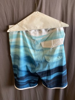 Mens, Swim Trunks, HURLEY, Dk Blue, Lt Blue, White, Polyester, Spandex, Ombre, Stripes, W32, Lace Up Waistband, Large Hurley Logos, Back Pocket With Velcro