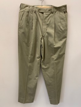 VALENTINO, Lt Olive Grn, Poly/Cotton, Solid, Zip Front, Extended Waistband Closure, Pleated Front, 4 Pockets, Creased **Small Green Stain On Leg Front