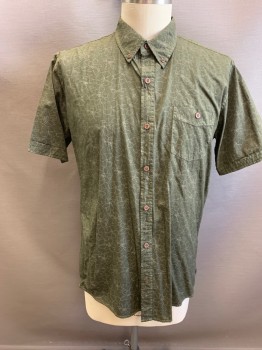 WEATHERPROOF, Olive Green, Lt Olive Grn, Cotton, Floral, Short Sleeves Cuffed, Button Down Collar, 1 Pocket,