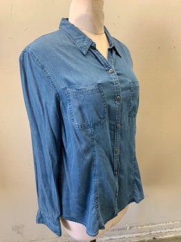 Womens, Blouse, CHARTER CLUB, Blue, Lyocell, Solid, L, Long Sleeves, Button Front, Collar Attached, 2 Patch  Pockets,