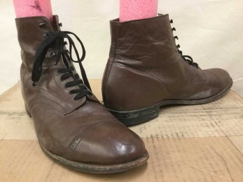 Mens, Boots 1890s-1910s, STACY ADAMS, Brown, Leather, Solid, 11 D, Ankle Boots, Lace Up, Cap Toe, Reproduction