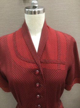 N/L, Red, Black, Cotton, Check , Red with Black Micro Houndstooth, Black Squares Pattern, Short Sleeves, Shirtwaist, Narrow Shawl Collar, Red Square Plastic Buttons with Embossed Detail, Cuffed Sleeves, Lightly Padded Shoulders, Asymmetric Yoke at Chest/Neck (Rounded on One Side, Square on the Other), Straight Fit Skirt, Hem Below Knee, **2 Pieces - with Matching Self Fabric Structured Belt with Self Fabric Buckle