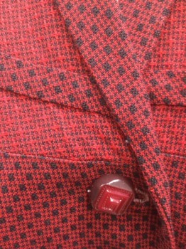 N/L, Red, Black, Cotton, Check , Red with Black Micro Houndstooth, Black Squares Pattern, Short Sleeves, Shirtwaist, Narrow Shawl Collar, Red Square Plastic Buttons with Embossed Detail, Cuffed Sleeves, Lightly Padded Shoulders, Asymmetric Yoke at Chest/Neck (Rounded on One Side, Square on the Other), Straight Fit Skirt, Hem Below Knee, **2 Pieces - with Matching Self Fabric Structured Belt with Self Fabric Buckle