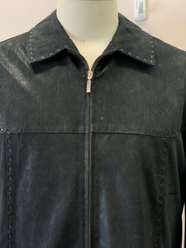 Mens, Leather Jacket, COLETTI, Black, Leather, Suede, Patchwork, 3XL, L/S, Zip Front, Collar Attached, Stitched Detail