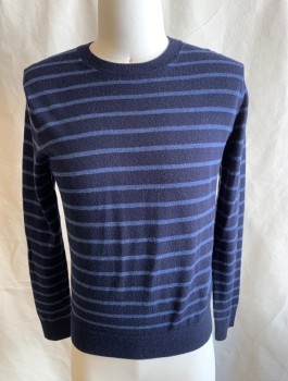 Mens, Pullover Sweater, BANANA REPUBLIC, Navy Blue, French Blue, Wool, Stripes, XS, L/S, CN, Lightweight, Rib Knit Waistband, Collar And Cuffs