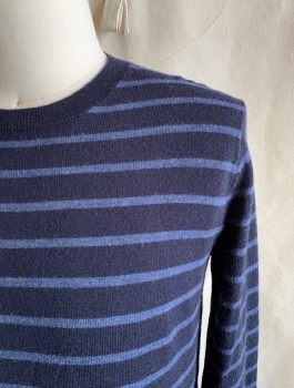 Mens, Pullover Sweater, BANANA REPUBLIC, Navy Blue, French Blue, Wool, Stripes, XS, L/S, CN, Lightweight, Rib Knit Waistband, Collar And Cuffs