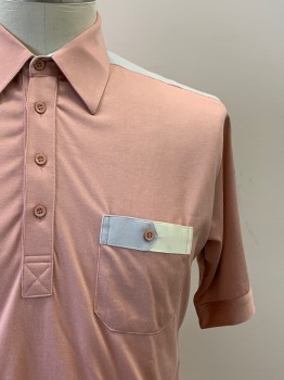 Mens, Polo Shirt, ROYAL AIR, Dusty Pink, Lt Gray, Cream, Cotton, Polyester, Color Blocking, C:44, L, C.A., 4 Btn Placket, 1 Pckt, Gray Trim On Shoulder & Sleeve, Gray & Cream Trim On Pckt, S/S,