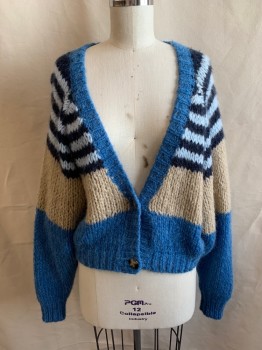 REMAIN, Lt Blue, Navy Blue, Beige, Blue, Acrylic, Mohair, Stripes, V-neck, 2 Buttons Down Front, Long Sleeves, MULTIPLES